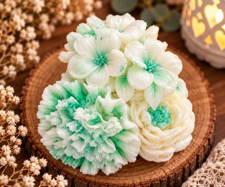 Bouquet Cerisier, Œillet & Renoncule ivoires et vertes