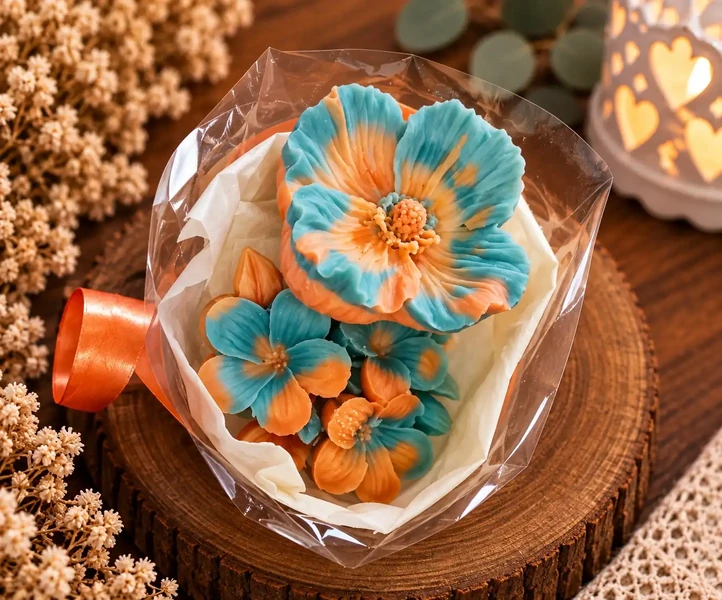 Bouquet fleurs de cerisier et coquelicot orange et vert